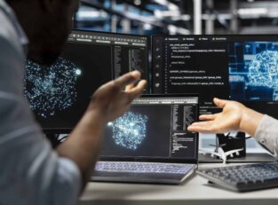 Server farm engineering team looks at data analysis graph